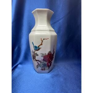 Hexagon White Porcelain Vase Blue Bird Asian Design